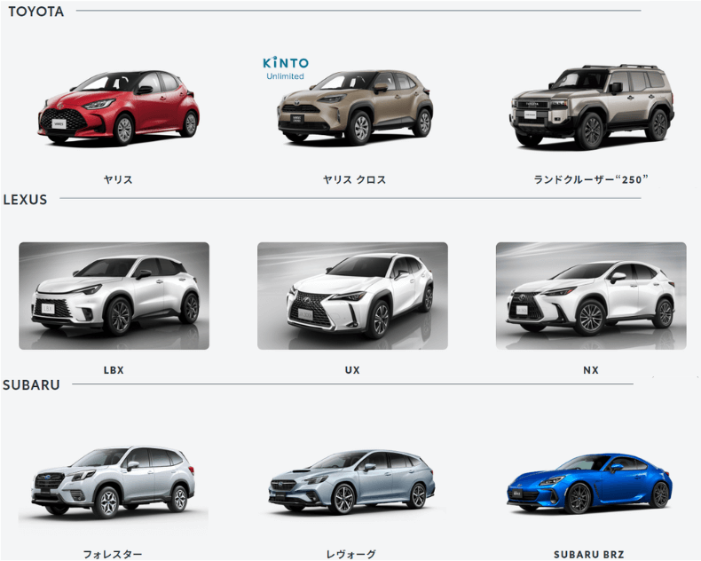 KINTOで取り扱いの車種一例(公式サイトより引用・2024年9月時点)