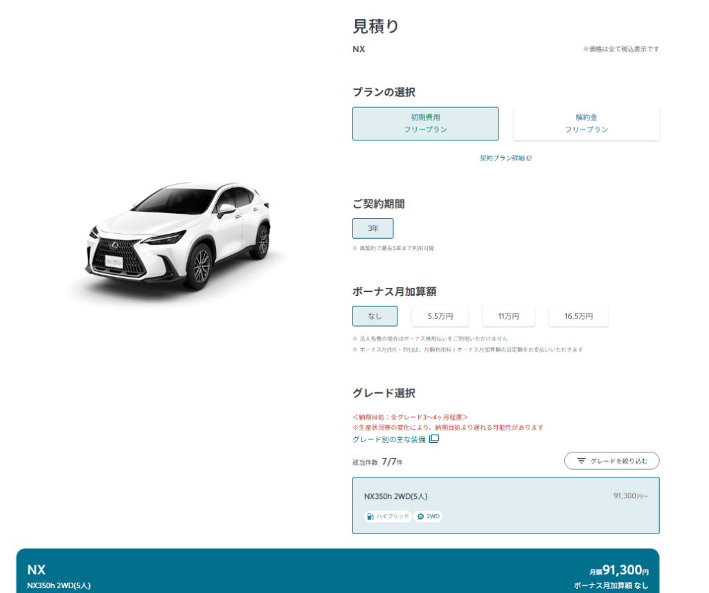 KINTOのレクサスNXの見積金額（公式サイトより引用）